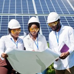 African technicians in white hard hats standing in front of an array of solar panels looking at a set of plans
