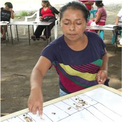 A woman with 10 beans in her hand is voting on the prioritization of climate challenges in her community.